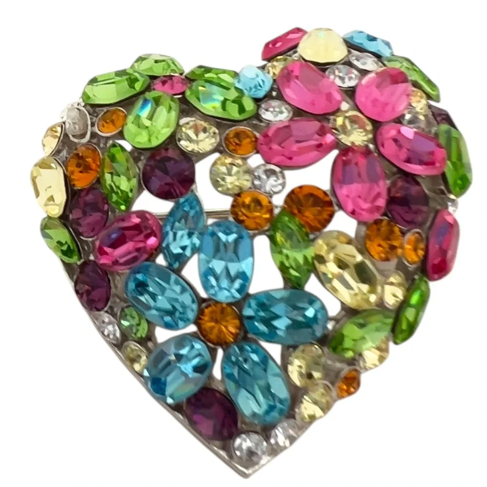 Multicolor‎ Crystal Heart Brooch Silver Tone Rainbow Rhinestone Statement Pin